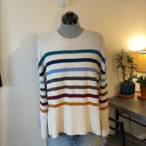 GAP Cream Crewneck Sweater with Teal, Navy & Burgundy Stripes